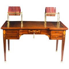 Antique Inlaid Writing Table Desk with Brass Book Troughs 19th Century