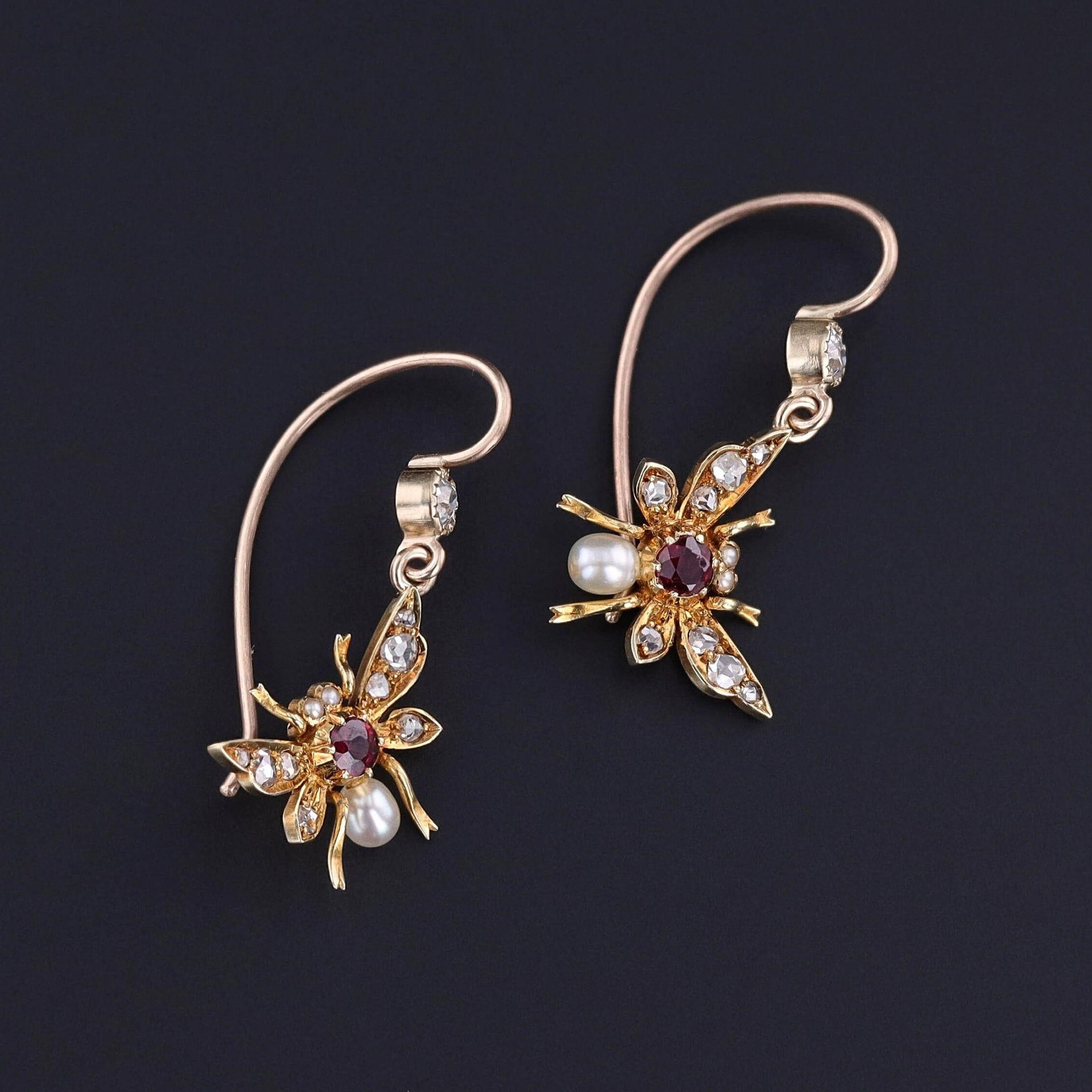 Round Cut Antique Insect Earrings of 15ct Gold For Sale