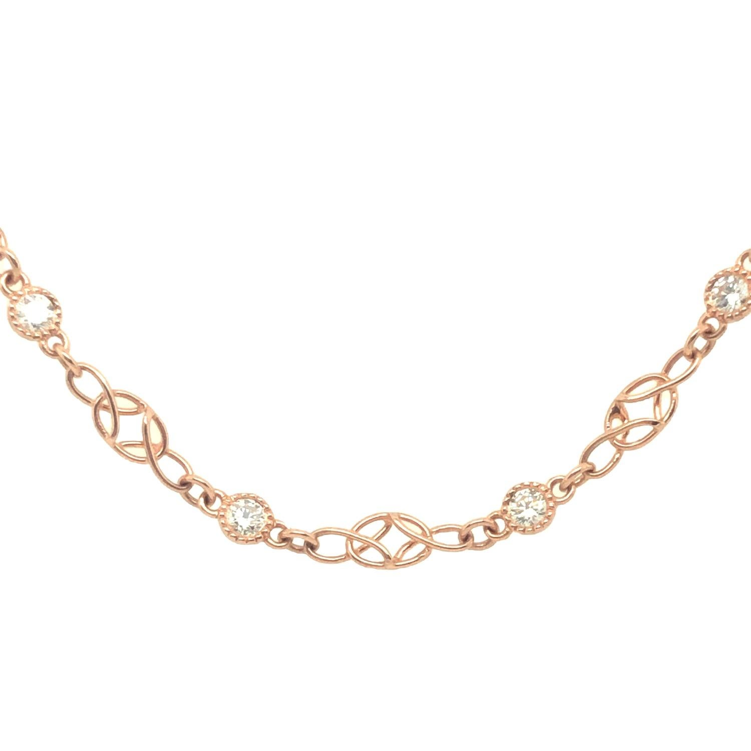 Round Cut Gems Are Forever Antique Style 1.44 Ct Diamond Link Chain Necklace 18K Rose Gold For Sale
