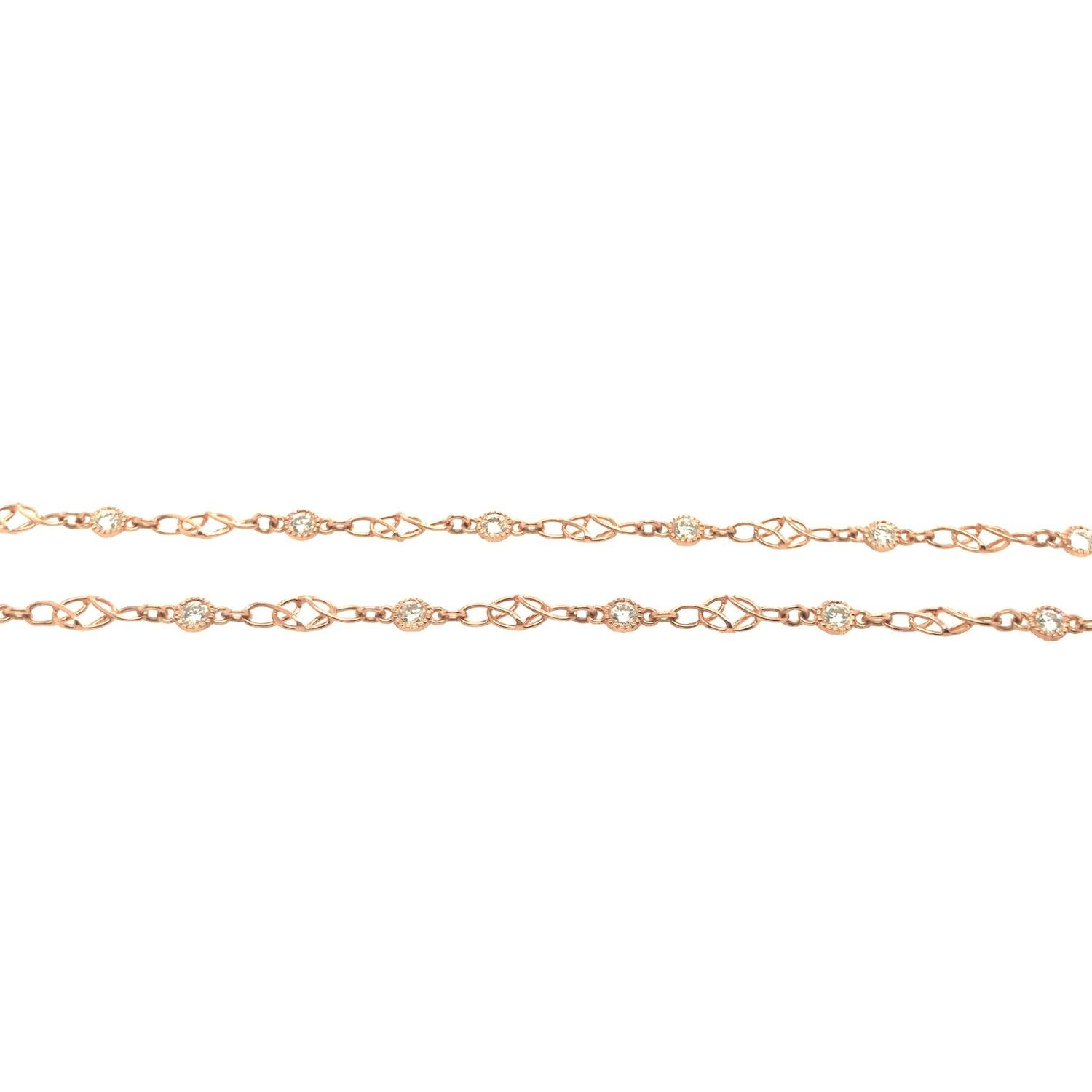 Chaîne collier à maillons en or rose 18 carats avec diamants 1,44 carat, style ancien 