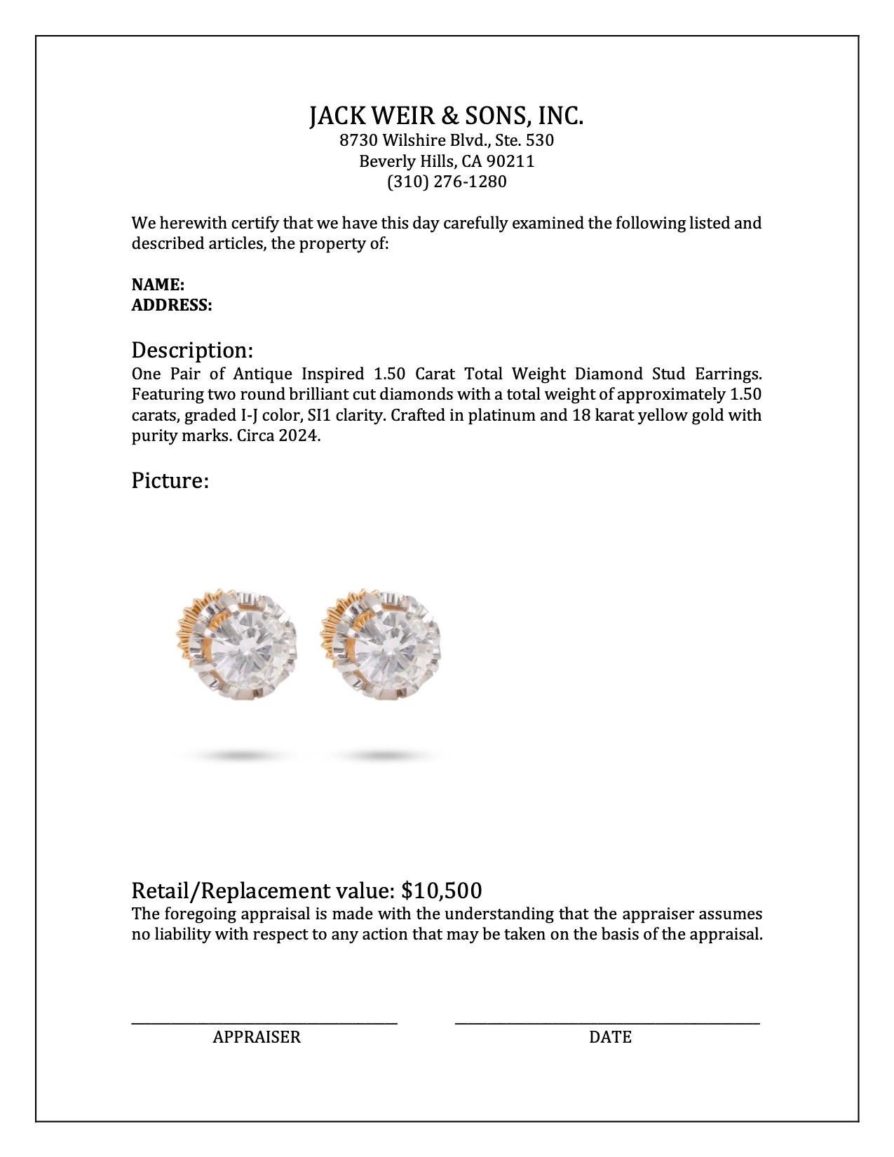 Antique Inspired 1.50 Carat Total Weight Diamond Stud Earrings In Excellent Condition For Sale In Beverly Hills, CA