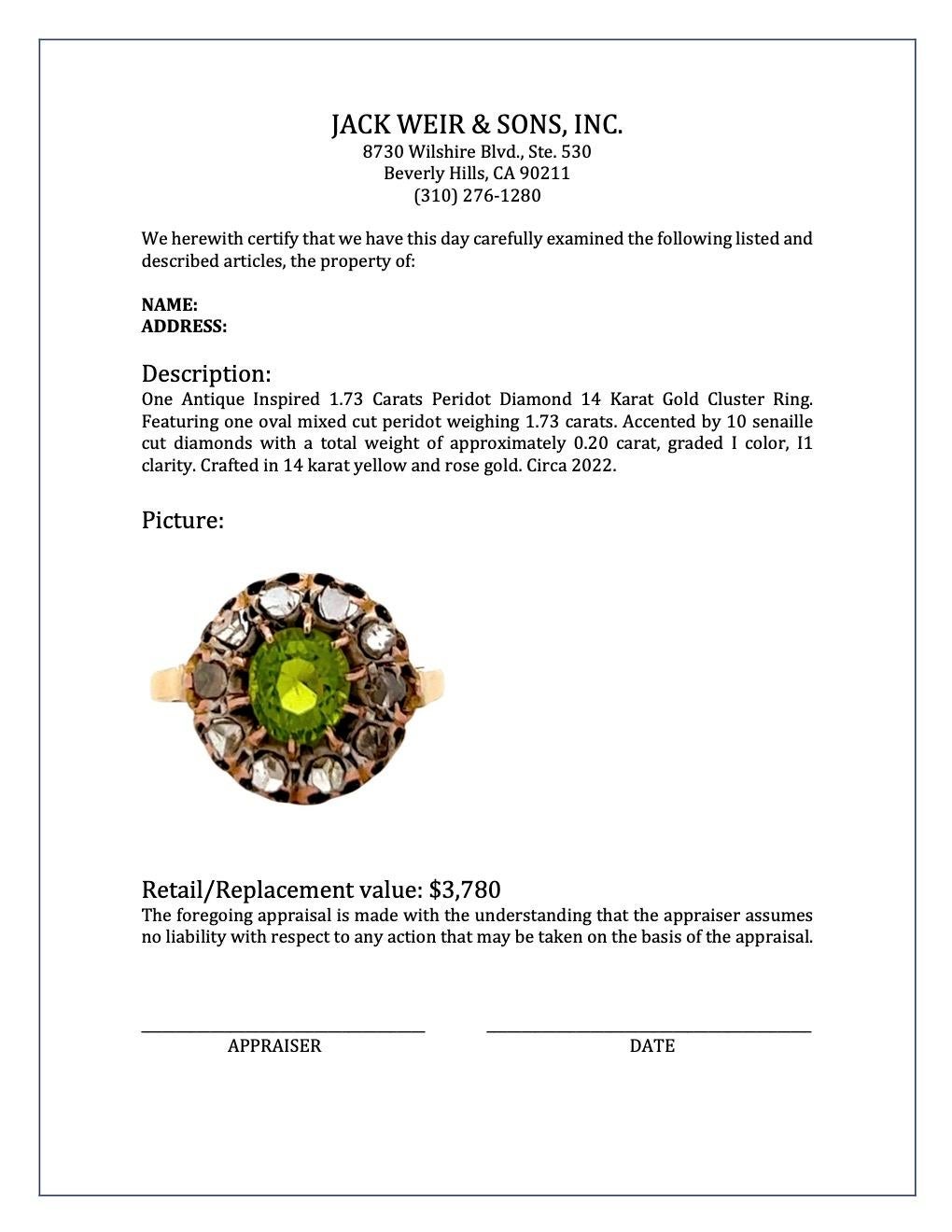 Antique Inspired 1.73 Carats Peridot Diamond 14 Karat Gold Cluster Ring For Sale 2