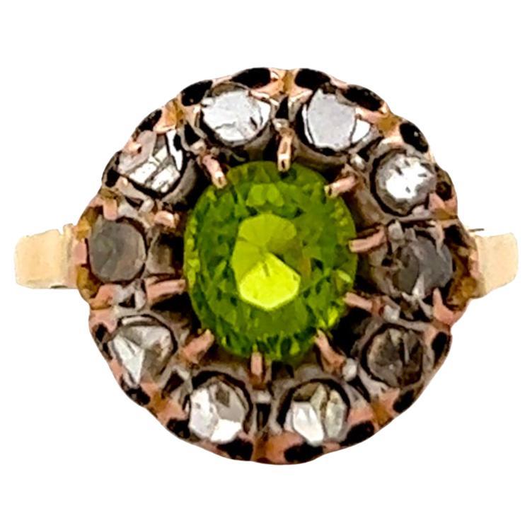 Antique Inspired 1.73 Carats Peridot Diamond 14 Karat Gold Cluster Ring For Sale