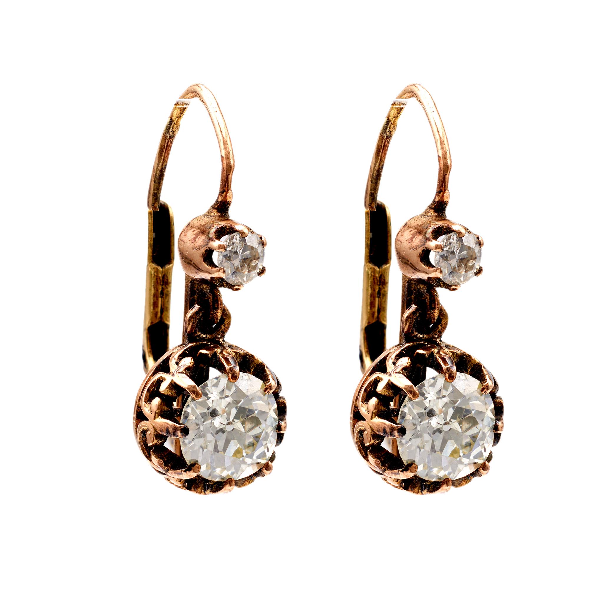 Women's or Men's Antique Inspired 1.93 Carat Diamond 18k Gold Drop Earrings For Sale
