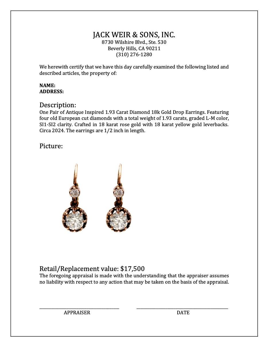 Antique Inspired 1.93 Carat Diamond 18k Gold Drop Earrings For Sale 1