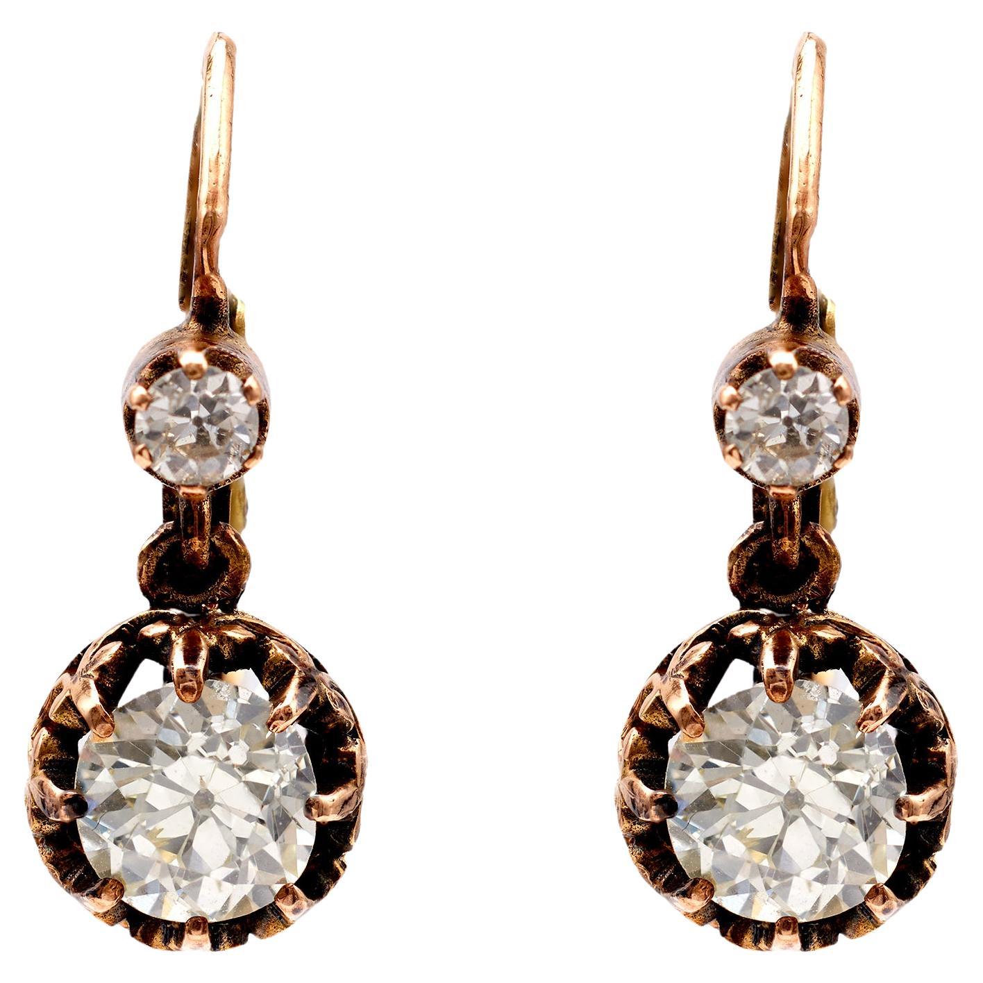 Antique Inspired 1.93 Carat Diamond 18k Gold Drop Earrings For Sale
