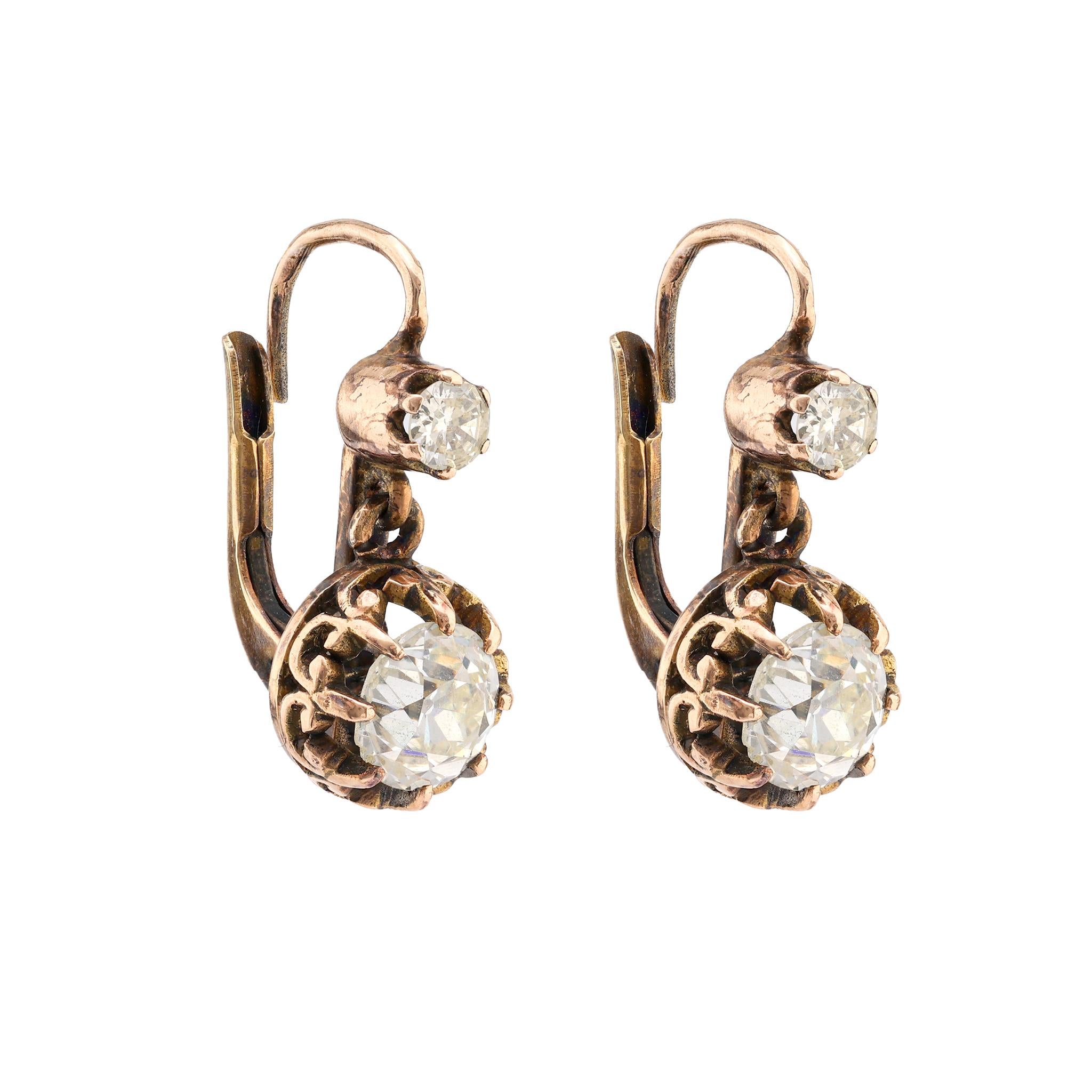 Old Mine Cut Antique Inspired 1.93 Carat Old Mine Diamond 18K Rose Gold Earrings For Sale