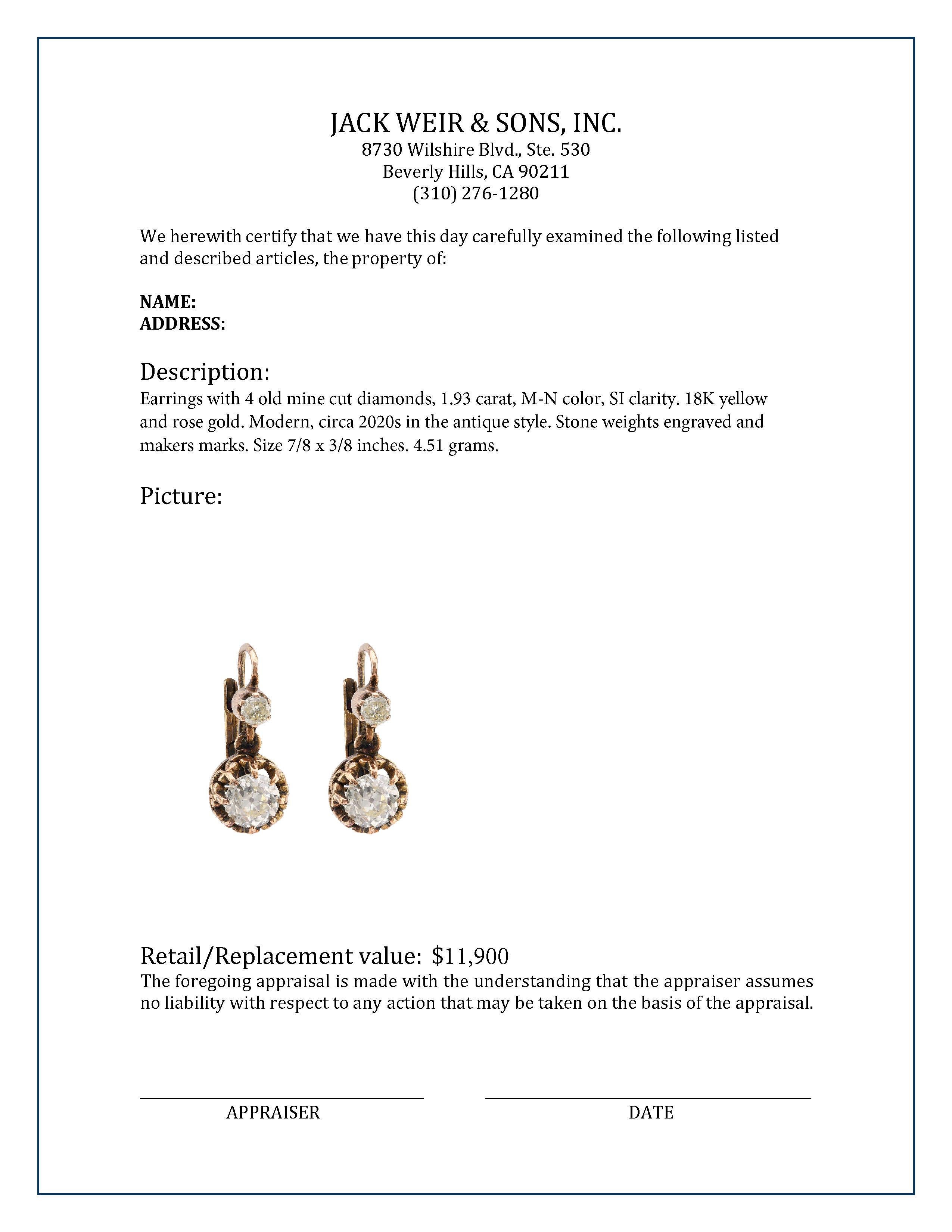Women's or Men's Antique Inspired 1.93 Carat Old Mine Diamond 18K Rose Gold Earrings For Sale