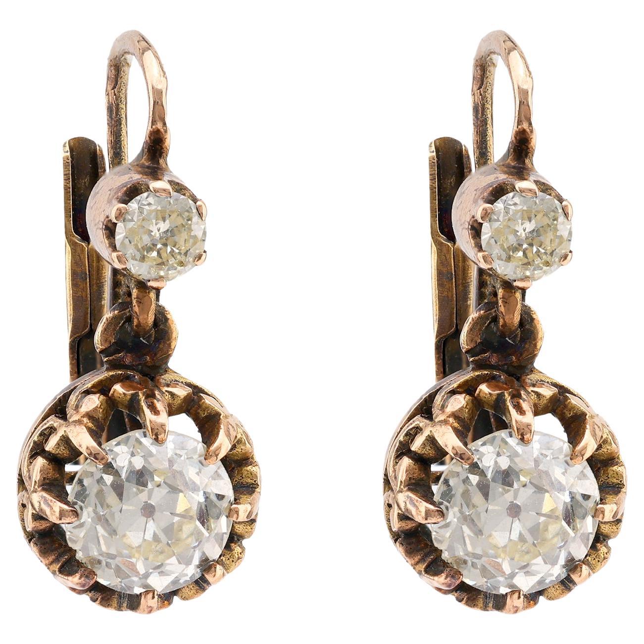 Antique Inspired 1.93 Carat Old Mine Diamond 18K Rose Gold Earrings