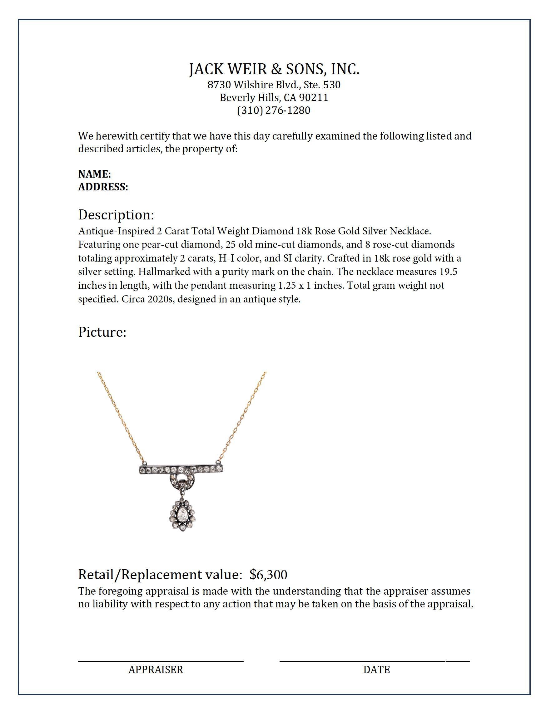 Collana d'ispirazione antica con 2 carati di diamanti in oro rosa 18k e argento In condizioni ottime in vendita a Beverly Hills, CA