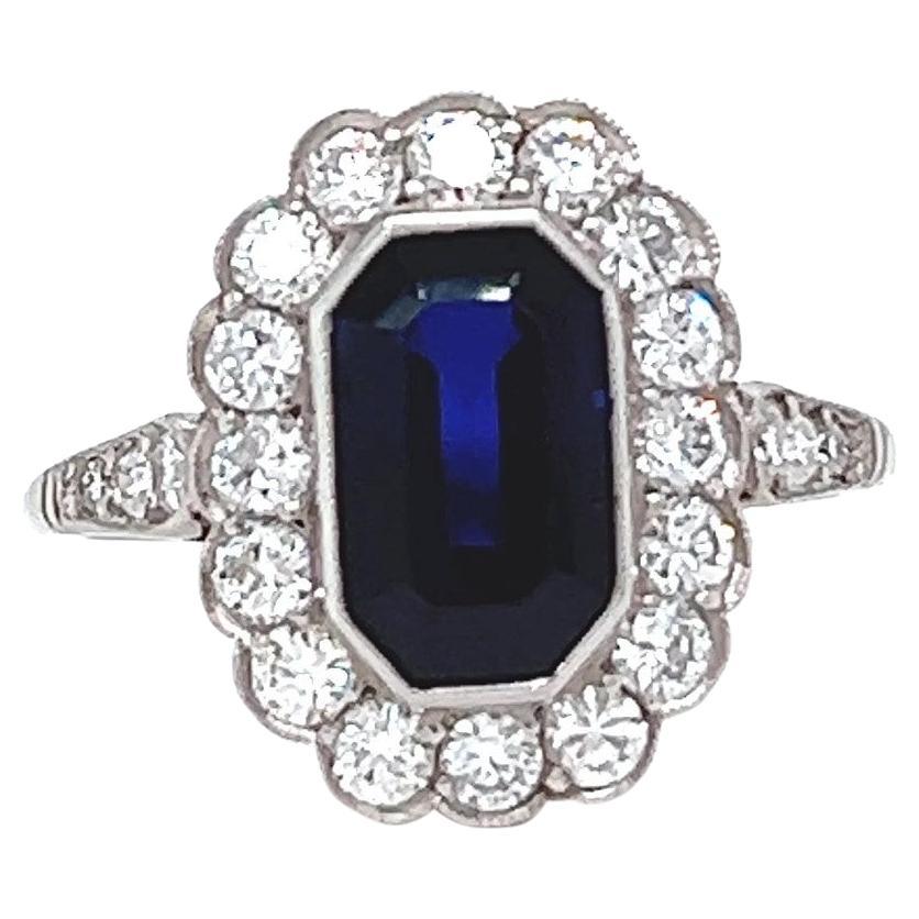 Antique Inspired 2.43 Carats Sapphire Diamond Platinum Cluster Ring For Sale