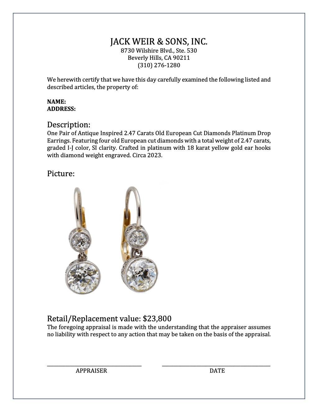 Antique Inspired 2.47 Carats Old European Cut Diamonds Platinum Drop Earrings For Sale 3