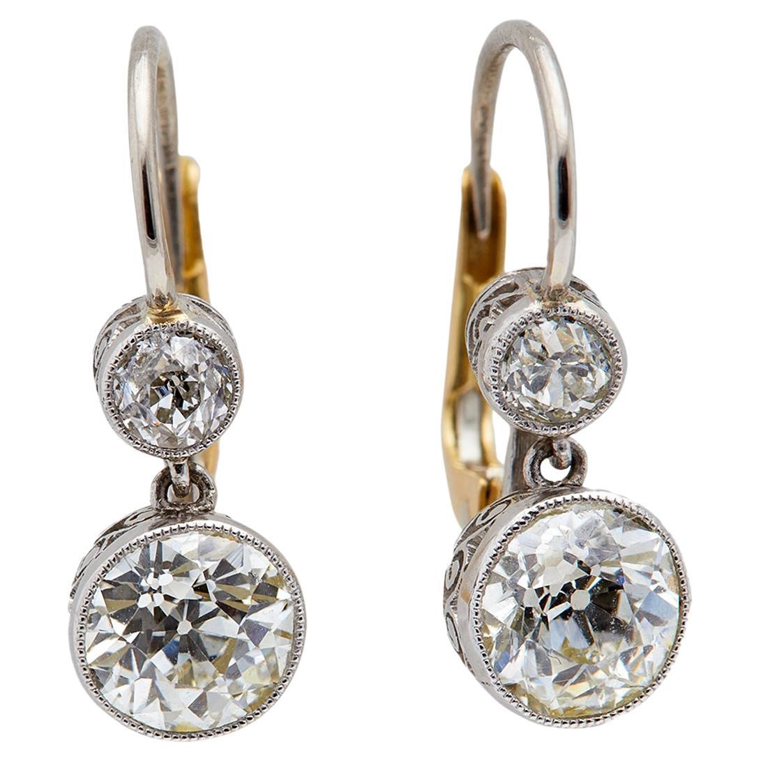 Antique Inspired 2.47 Carats Old European Cut Diamonds Platinum Drop Earrings For Sale