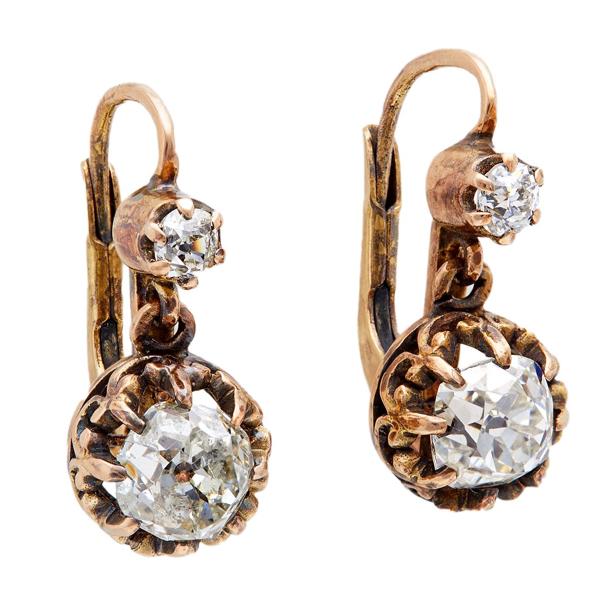 Women's or Men's Antique Inspired 2.50 Carats Total Weight 18k Yellow Gold Drop Earrings For Sale