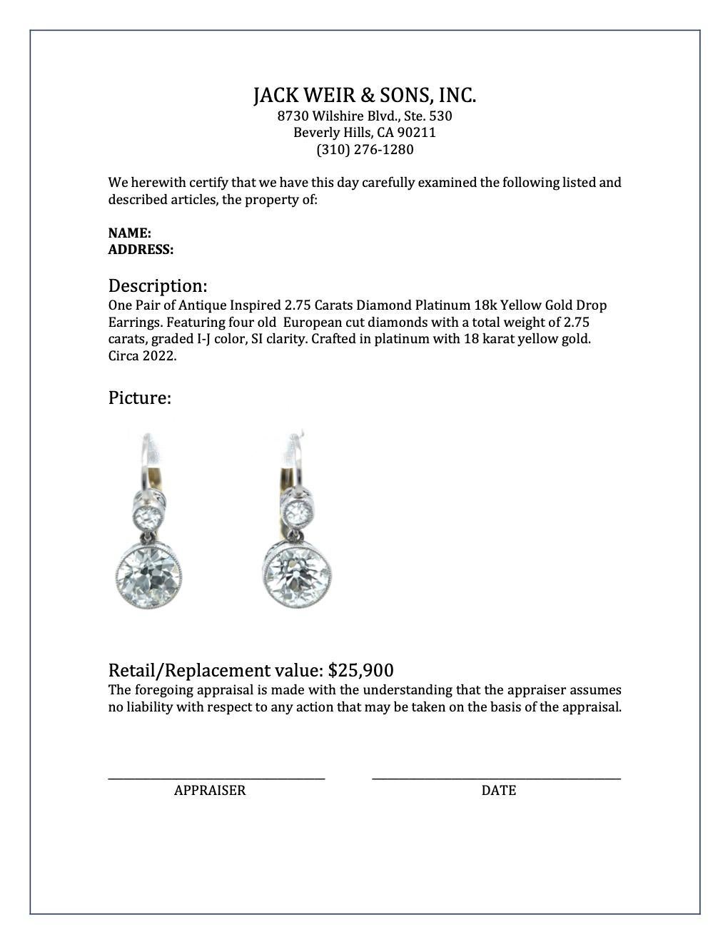 Antique Inspired 2.75 Carats Old European Cut Diamonds Platinum Drop Earrings For Sale 3
