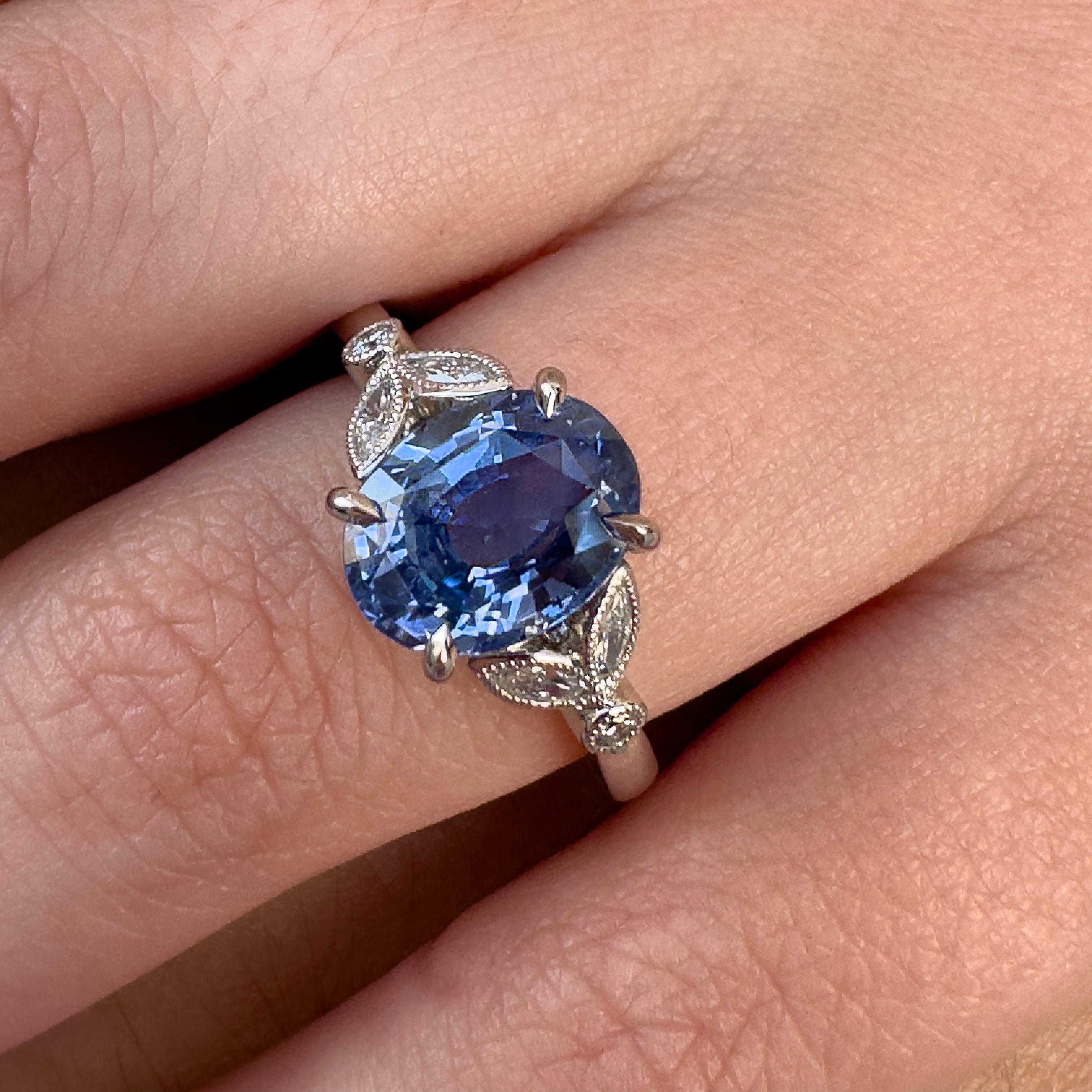 Edwardian Antique Inspired 3.65 carat Sapphire and Diamond Platinum Engagement Ring For Sale