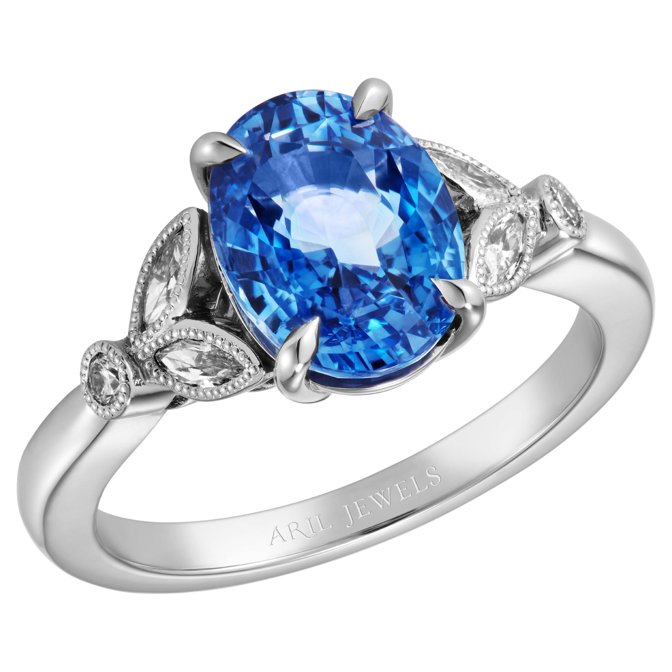 Antique Inspired 3.65 carat Sapphire and Diamond Platinum Engagement Ring For Sale