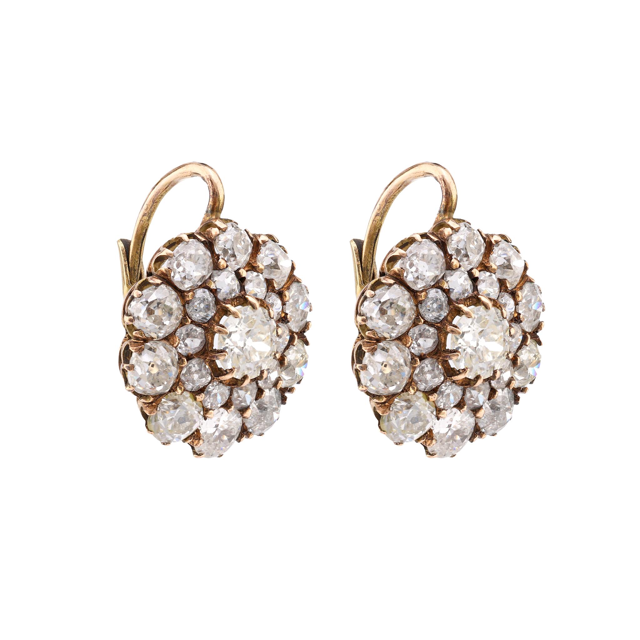 Old Mine Cut Antique Inspired 6.06 Carat Old Mine Diamond 18K Yellow Gold Earrings For Sale
