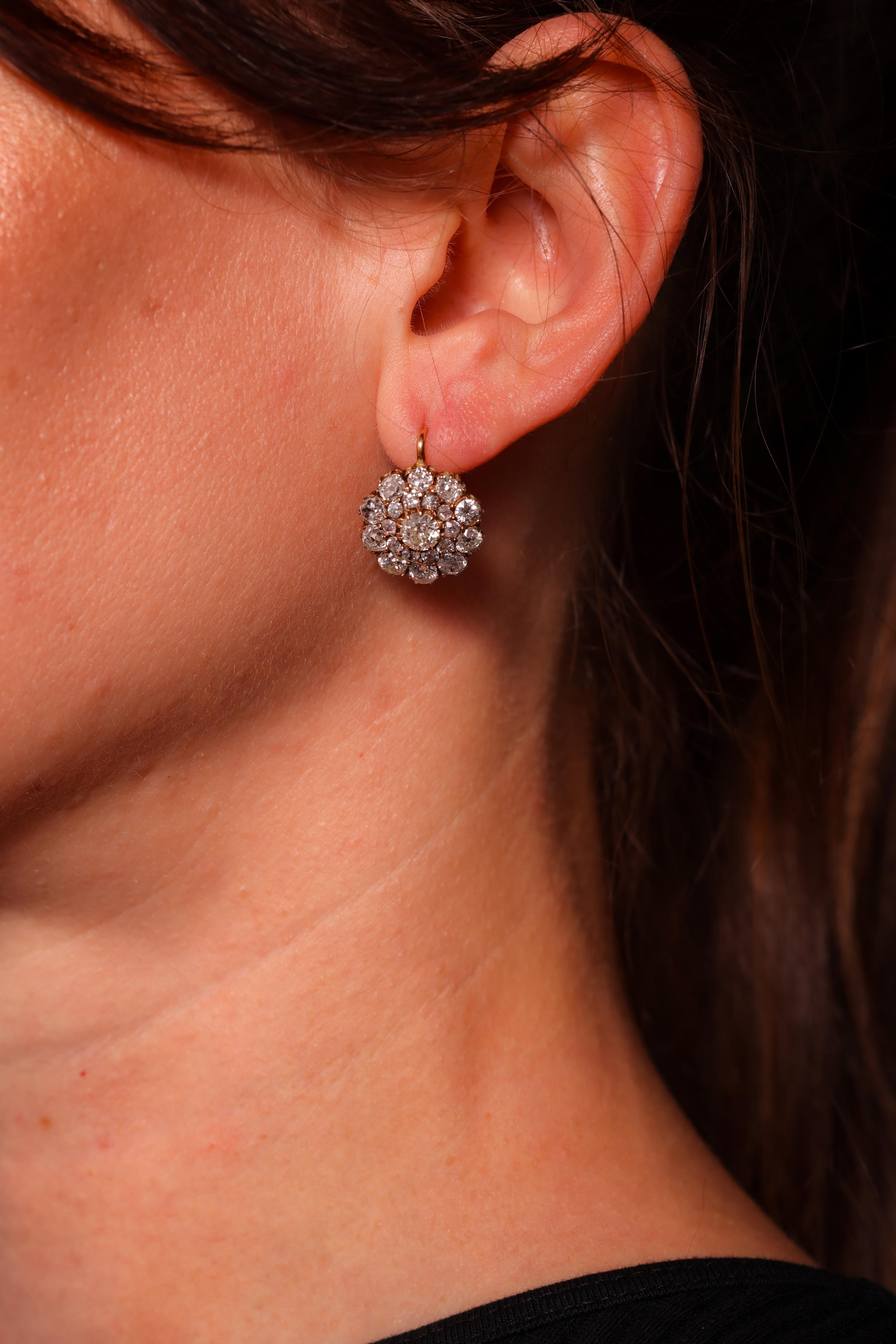Antique Inspired 6.06 Carat Old Mine Diamond 18K Yellow Gold Earrings In Excellent Condition For Sale In Beverly Hills, CA