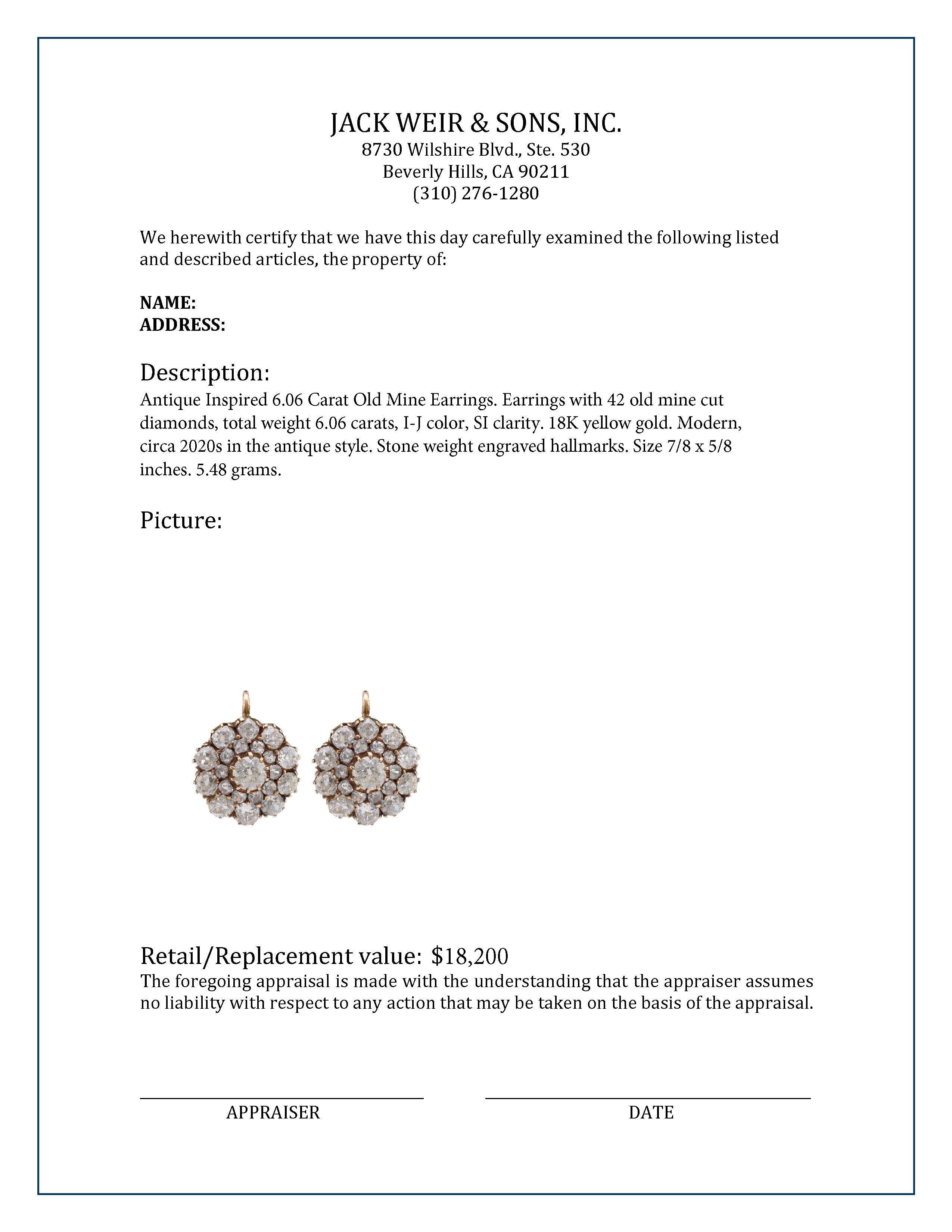 Women's or Men's Antique Inspired 6.06 Carat Old Mine Diamond 18K Yellow Gold Earrings For Sale
