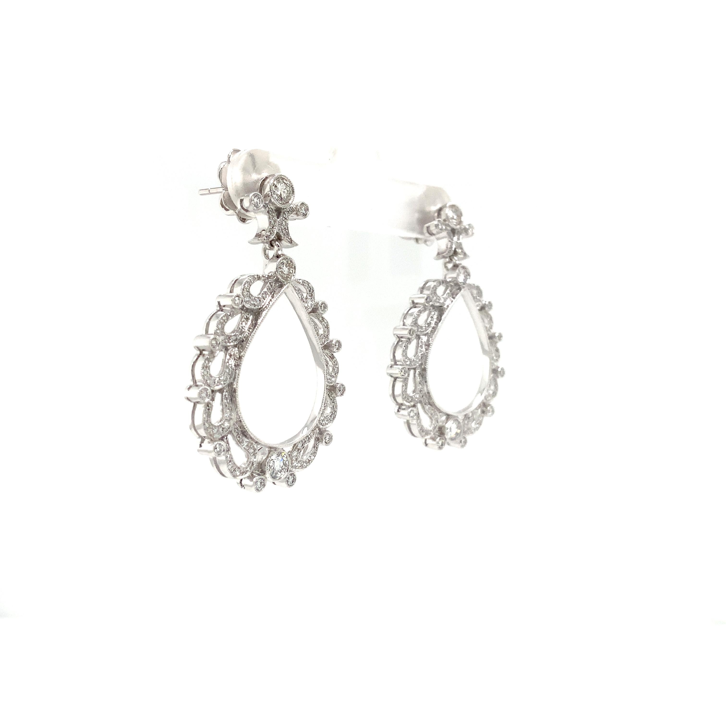 Antique Inspired Chandelier Drop Pavé Diamond Earrings 1.99 Carat 18k For Sale 1