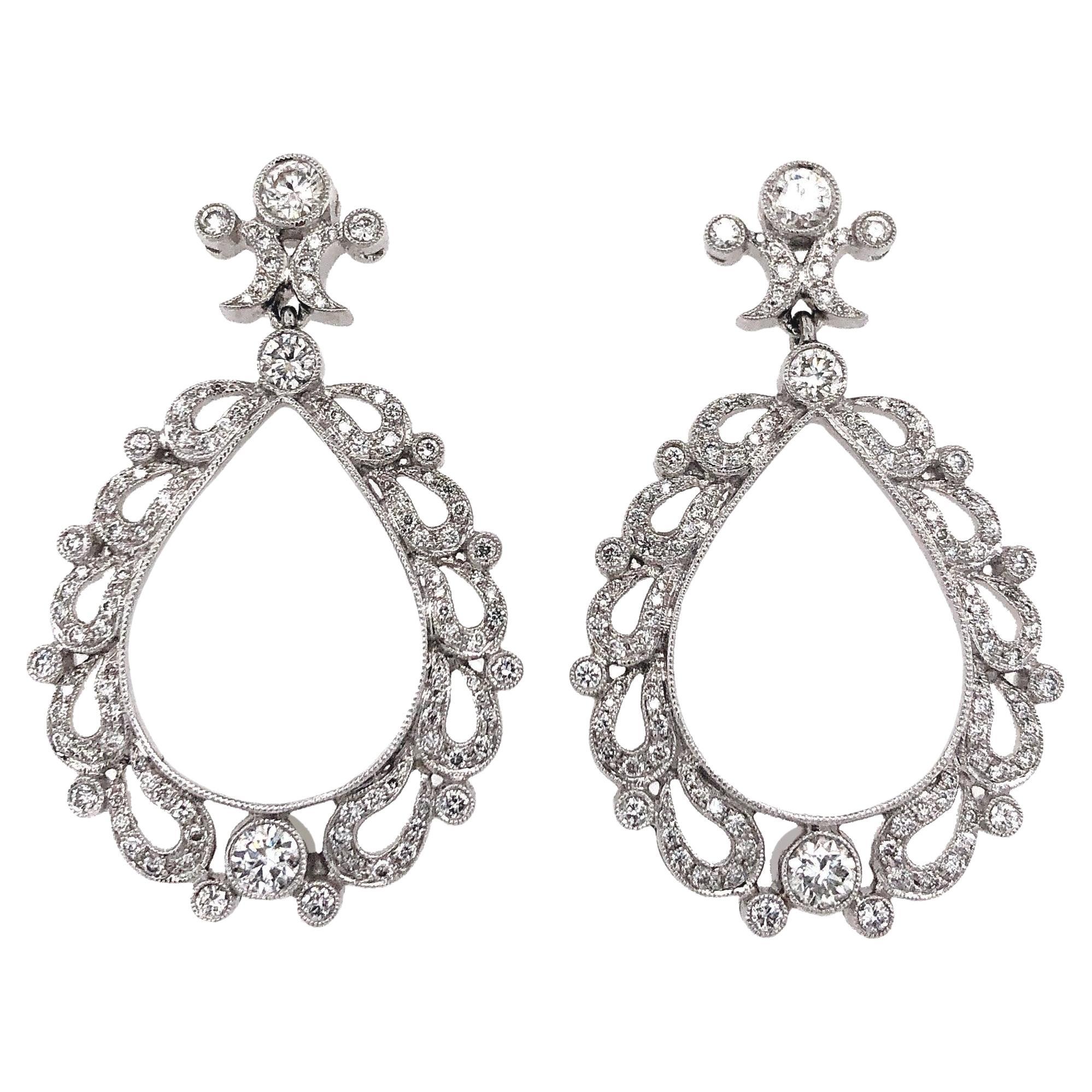 Antique Inspired Chandelier Drop Pavé Diamond Earrings 1.99 Carat 18k For Sale