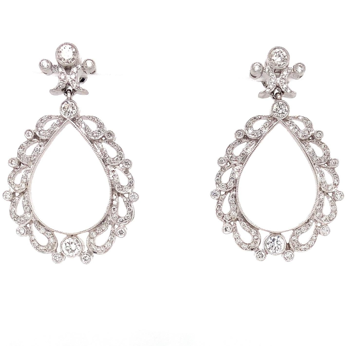 Round Cut Antique Inspired Chandelier Drop Pavé Diamond Earrings Round Brilliant Cut 1.99 For Sale