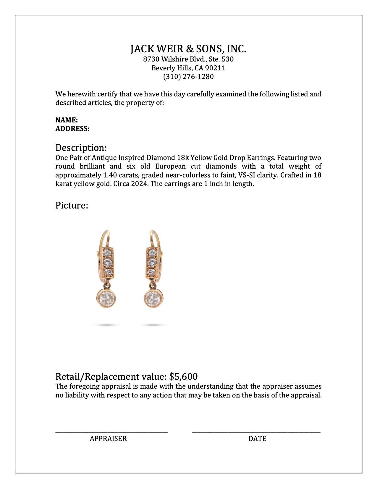 Women's or Men's Antique Inspired Diamond 18k Yellow Gold Drop Earrings For Sale