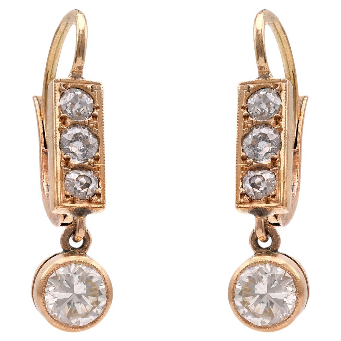 Antique Inspired Diamond 18k Yellow Gold Drop Earrings For Sale