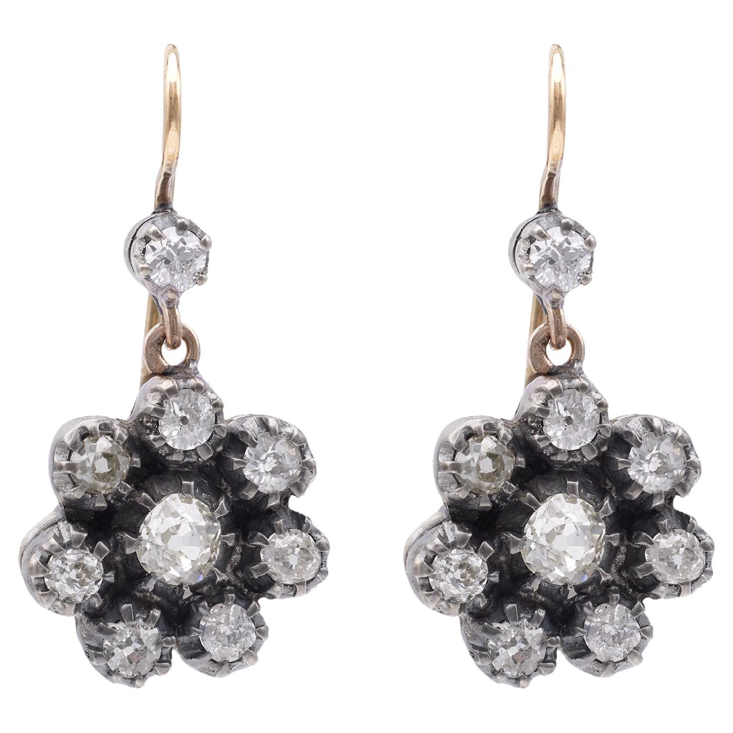 Antique Inspired Diamond 18k Yellow Gold Silver Cluster Drop Earrings For Sale