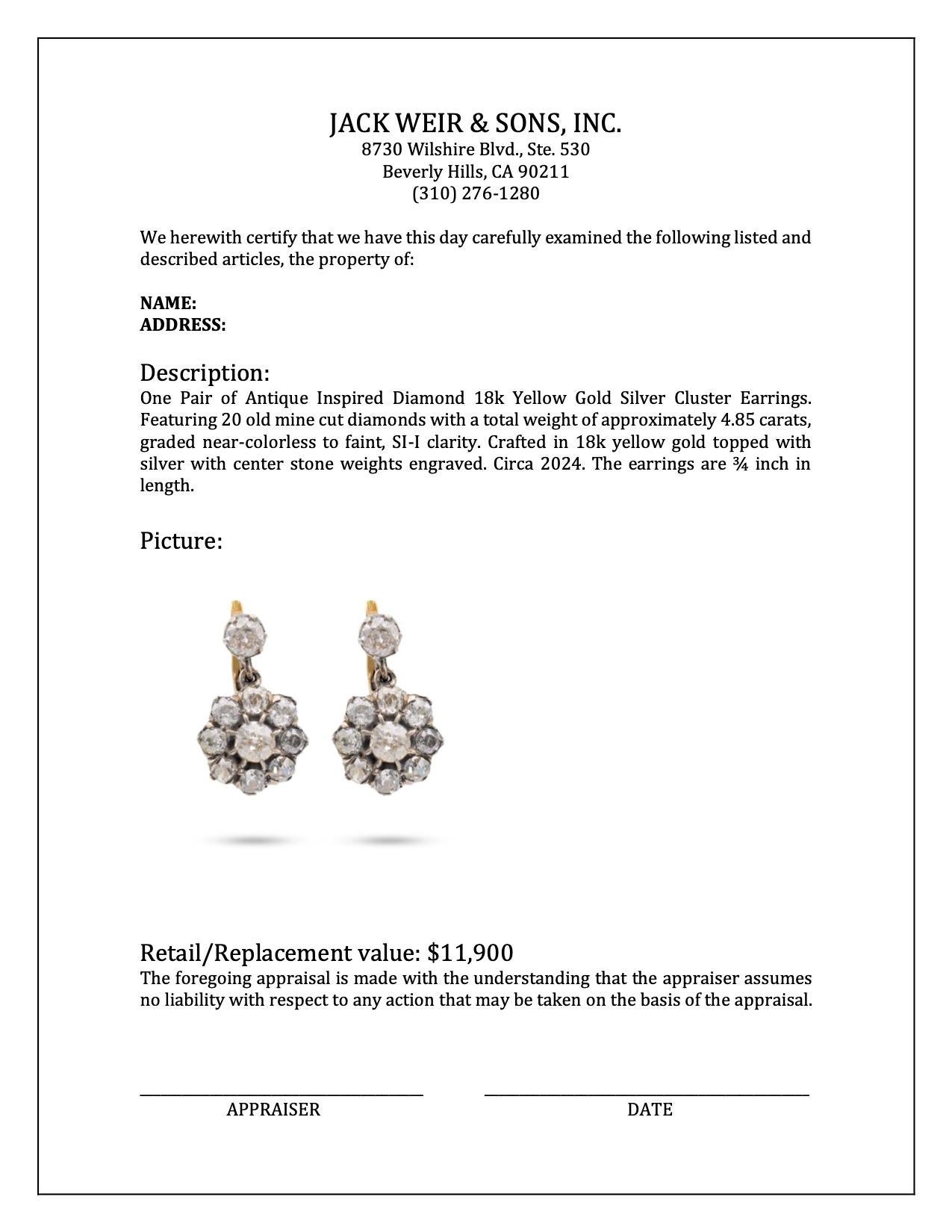 Women's or Men's Antique Inspired Diamond 18k Yellow Gold Silver Cluster Earrings For Sale