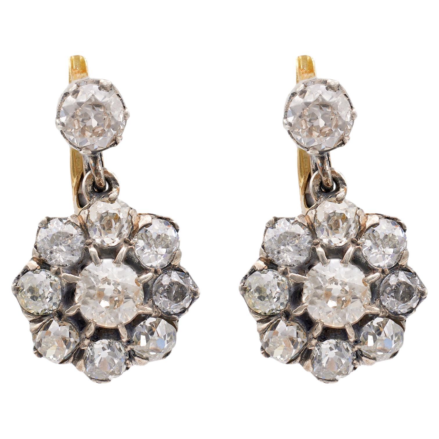 Antique Inspired Diamond 18k Yellow Gold Silver Cluster Earrings For Sale