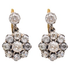 Antique Inspired Diamond 18k Yellow Gold Silver Cluster Earrings