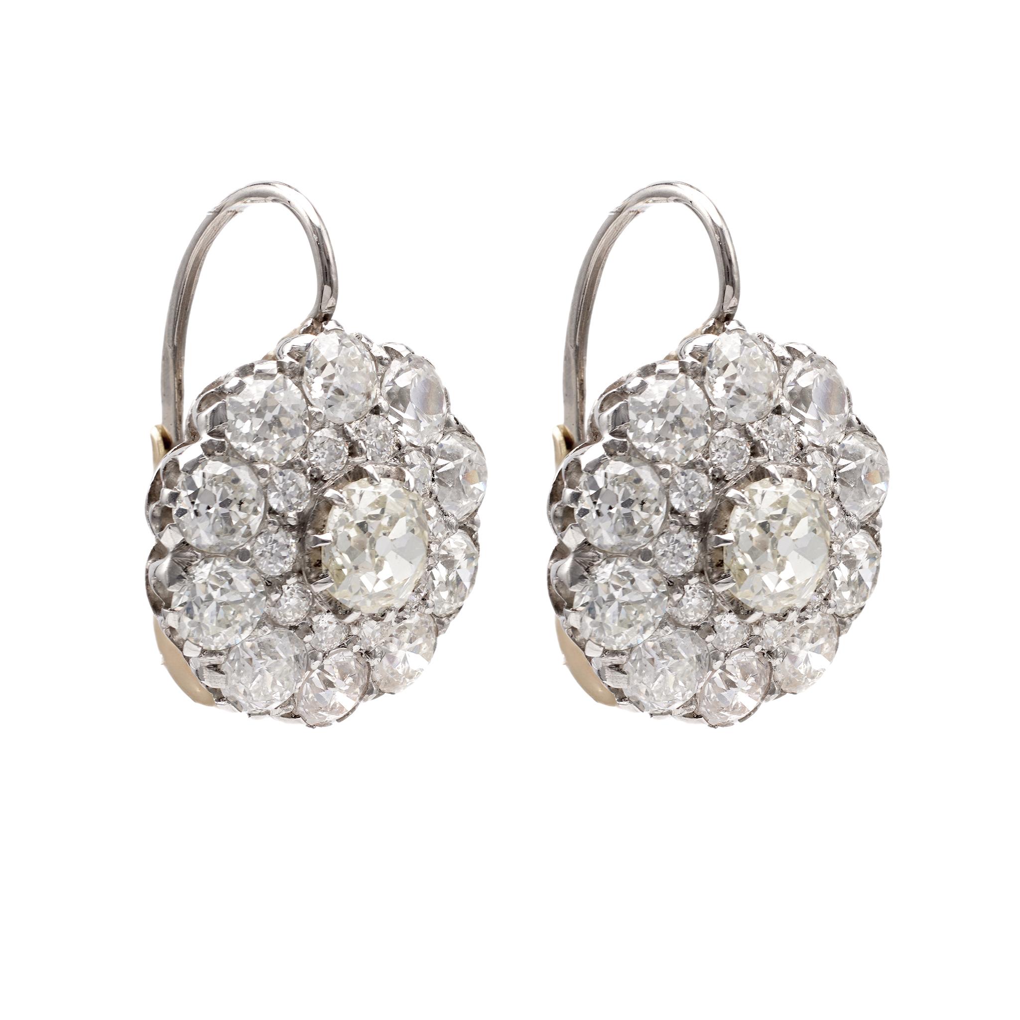 Women's or Men's Antique Inspired Diamond 5.59 Carat Platinum Cluster Earrings For Sale