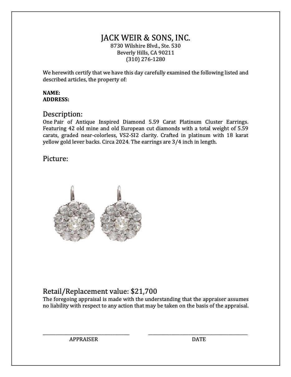 Boucles d'oreilles grappe d'inspiration ancienne en platine et diamants 5,59 carats en vente 2