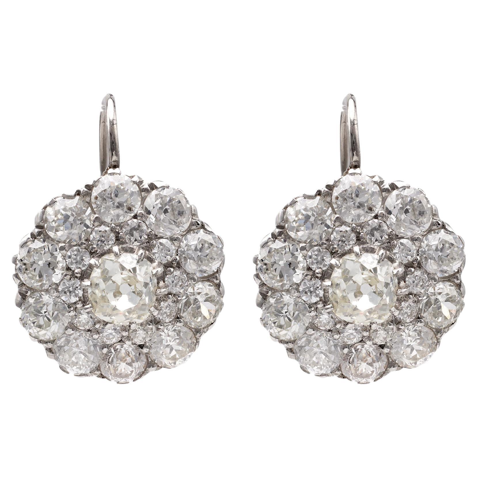 Antique Inspired Diamond 5.59 Carat Platinum Cluster Earrings For Sale