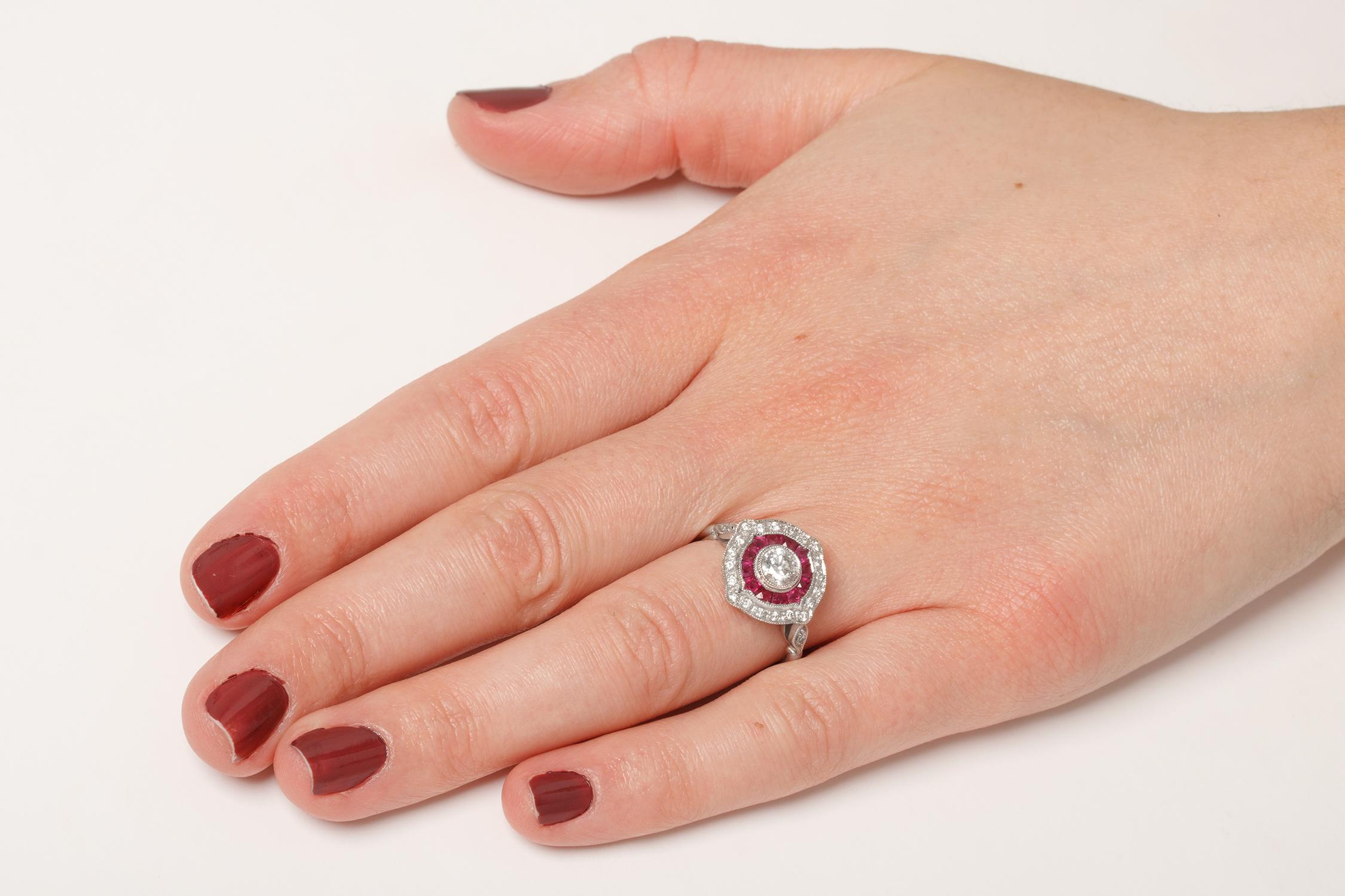 Round Cut Antique-Inspired Diamond and Ruby Target Ring