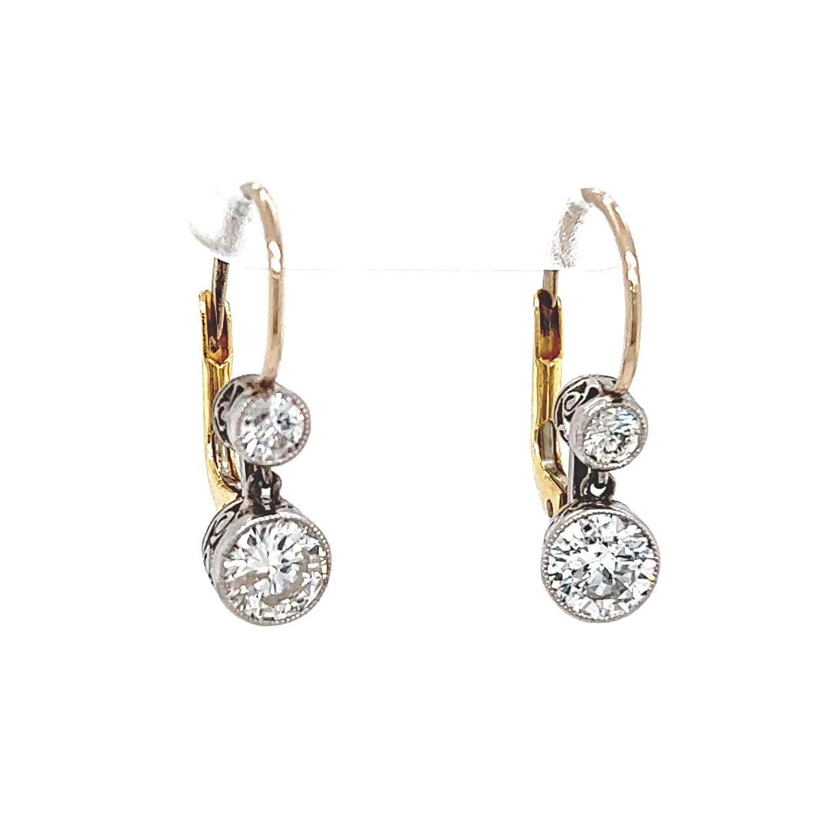 Women's or Men's  Antique Inspired Diamond Platinum 18 Karat Yellow Gold Drop Earrings For Sale