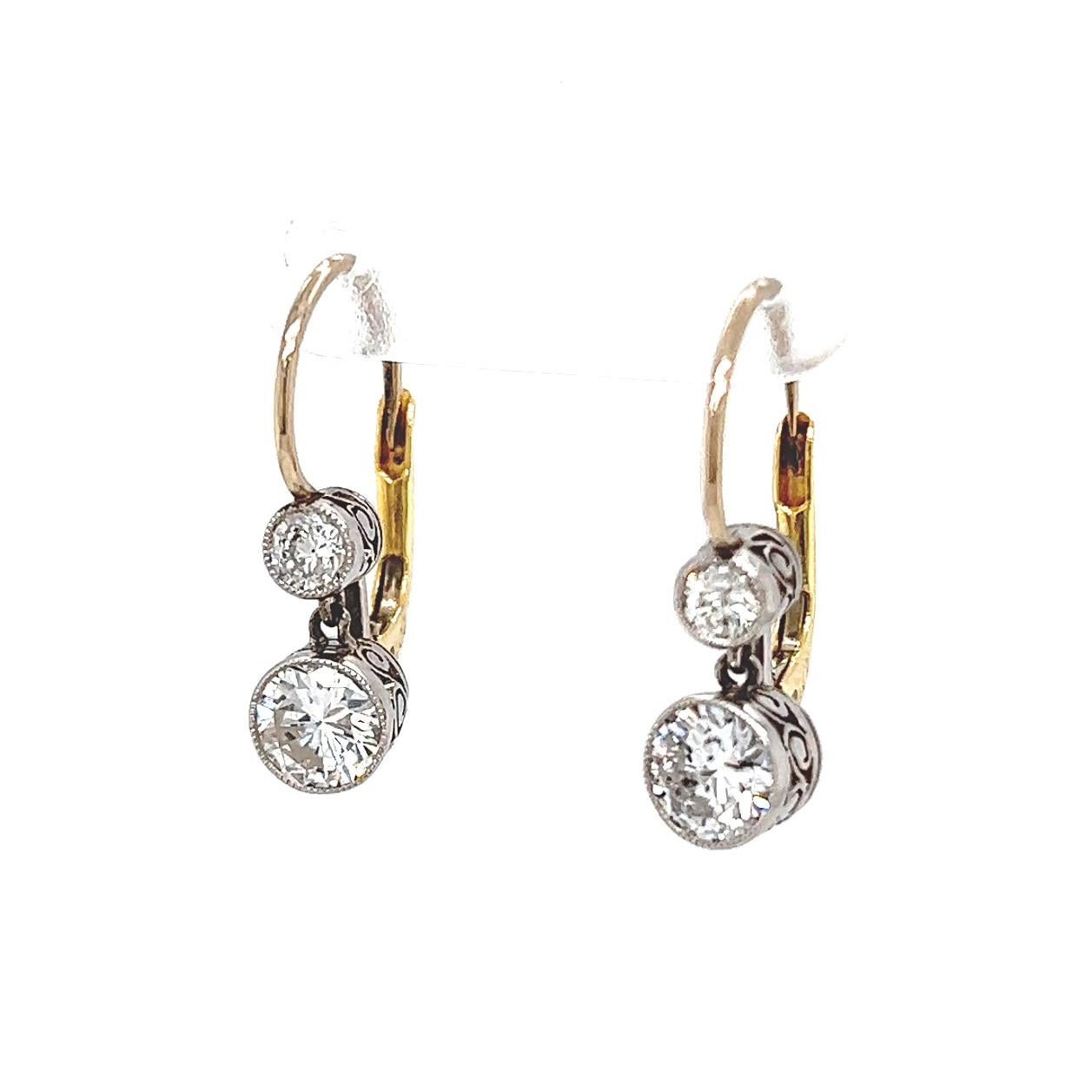  Antique Inspired Diamond Platinum 18 Karat Yellow Gold Drop Earrings For Sale 1