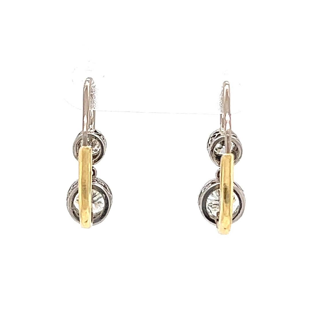 Antique Inspired Diamond Platinum 18 Karat Yellow Gold Drop Earrings In Excellent Condition For Sale In Beverly Hills, CA