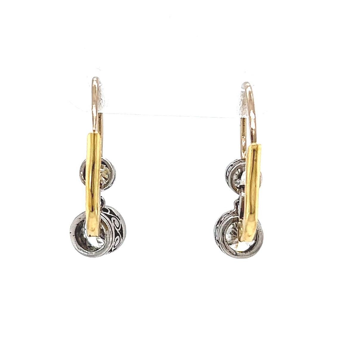  Antique Inspired Diamond Platinum 18 Karat Yellow Gold Drop Earrings For Sale 2