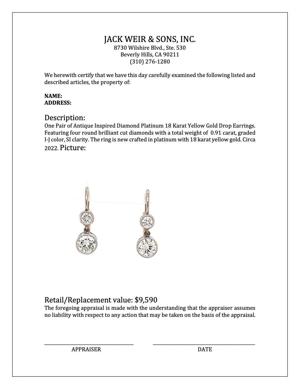 Women's or Men's Antique Inspired Diamond Platinum 18 Karat Yellow Gold Drop Earrings For Sale