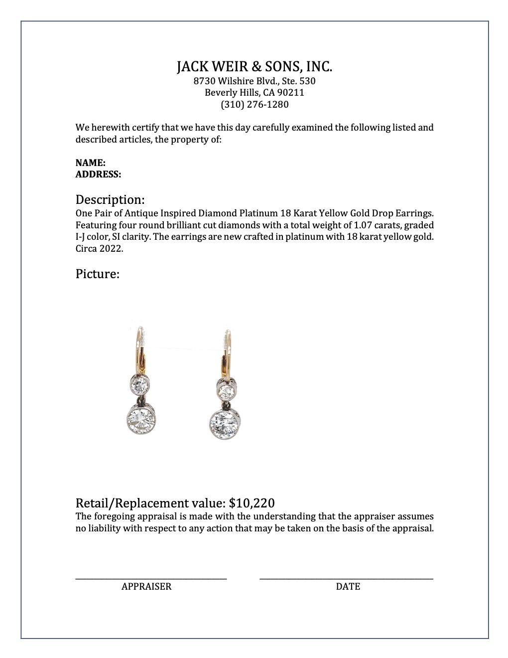  Antique Inspired Diamond Platinum 18 Karat Yellow Gold Drop Earrings For Sale 3