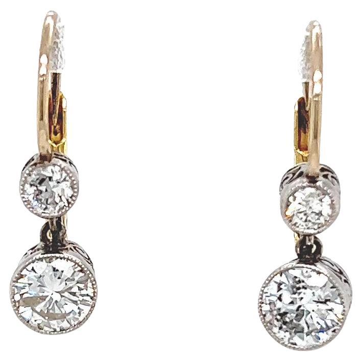  Antique Inspired Diamond Platinum 18 Karat Yellow Gold Drop Earrings For Sale