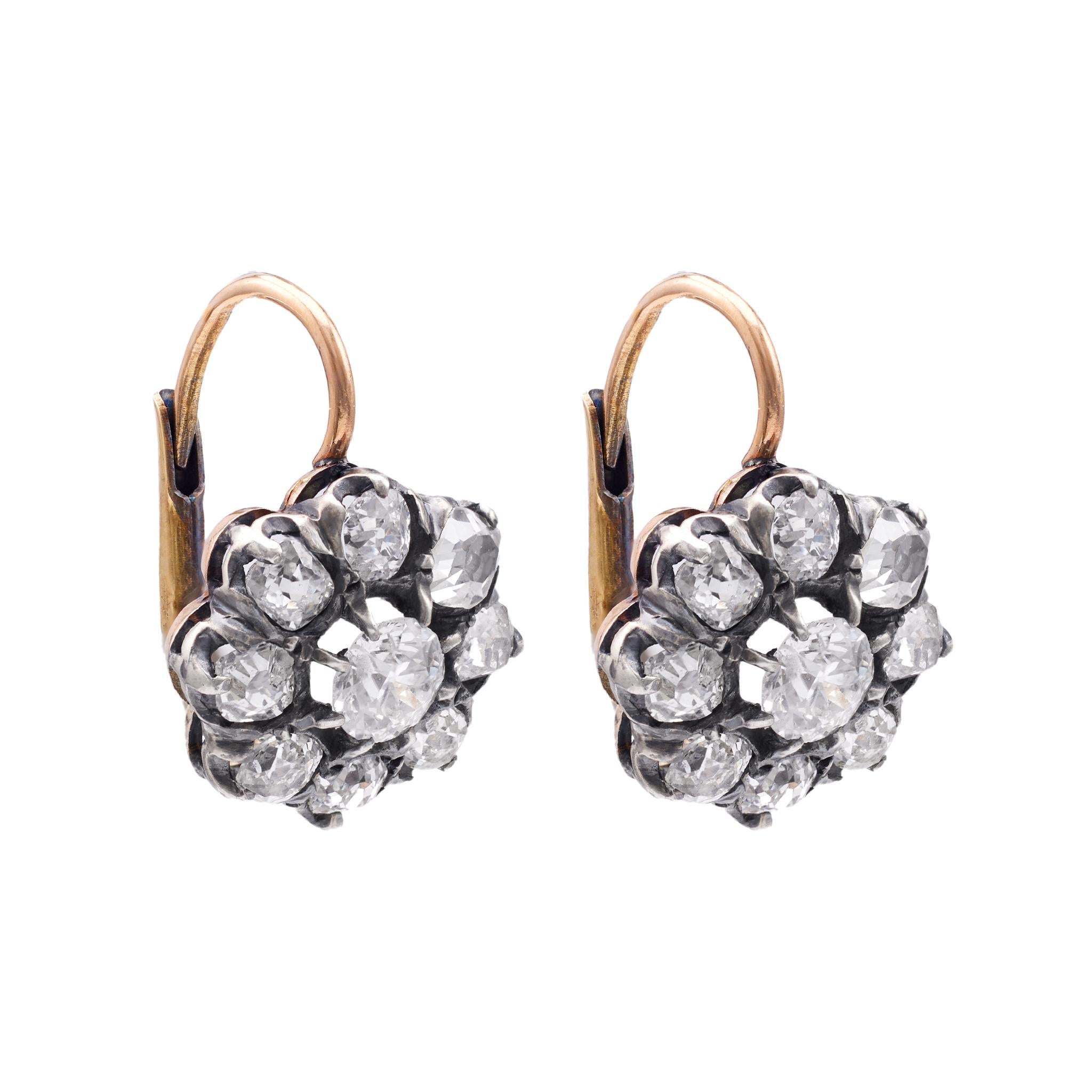 Women's or Men's Antique Inspired Diamond Silver 18k Yellow Gold Cluster Earrings For Sale