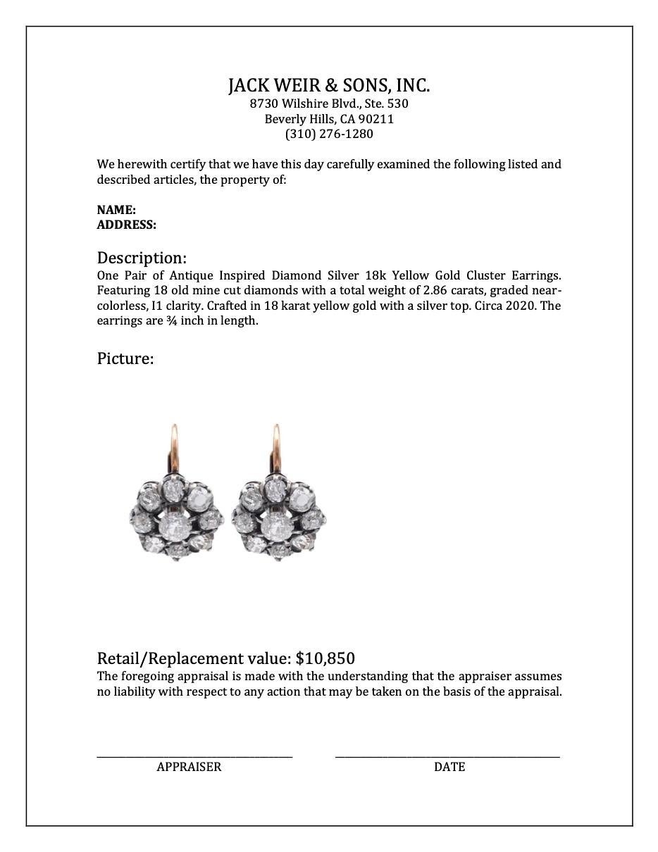 Antique Inspired Diamond Silver 18k Yellow Gold Cluster Earrings For Sale 1