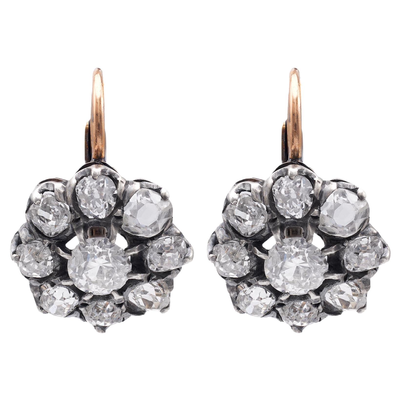 Antique Inspired Diamond Silver 18k Yellow Gold Cluster Earrings