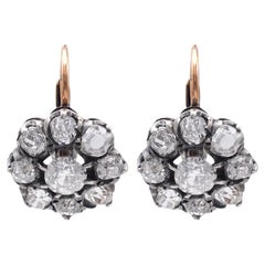 Antique Inspired Diamond Silver 18k Yellow Gold Cluster Earrings