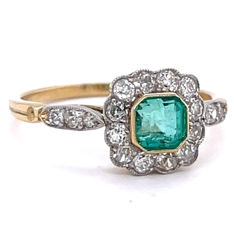 Square Cut Antique Inspired Emerald Diamond 18K Gold Ring
