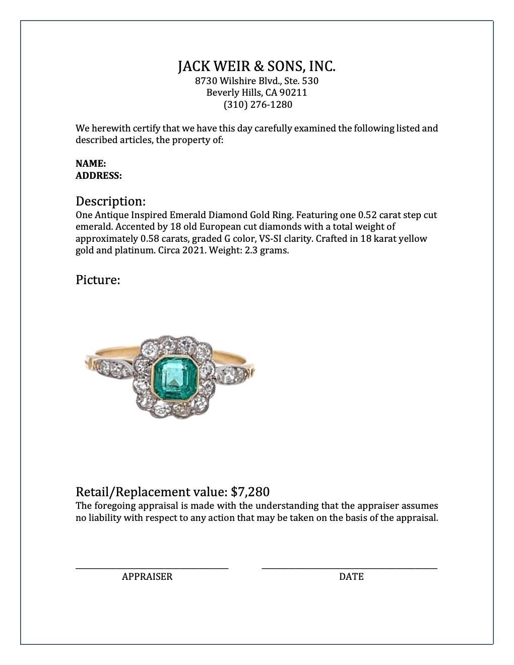 Antique Inspired Emerald Diamond 18K Gold Ring 1